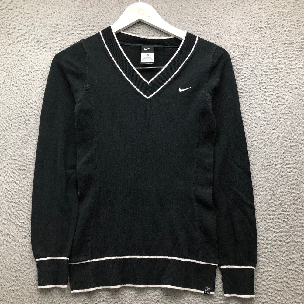 Nike Sweater Women's Small S Long Sleeve V-Neck Embroidered Swoosh Black White